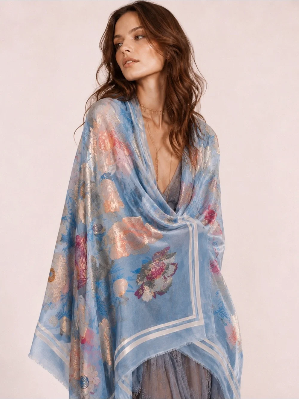 Floral Kimono Wrap Women OS Blue Burnout Velvet Metallic Gold Excellent